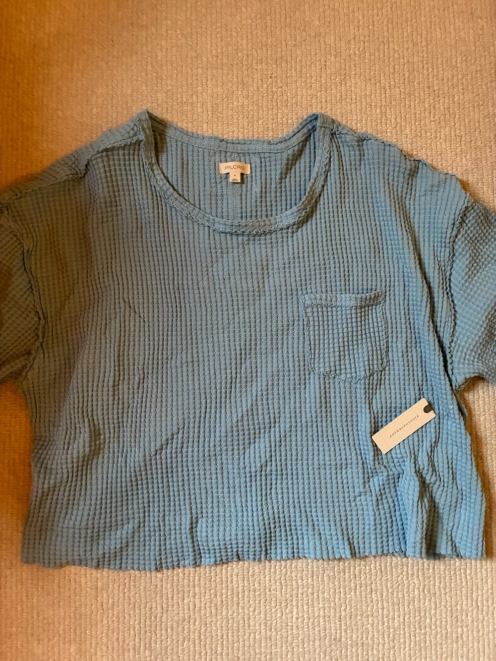 Pilcro Cropped Waffle Knit Pocket Tee - Blue